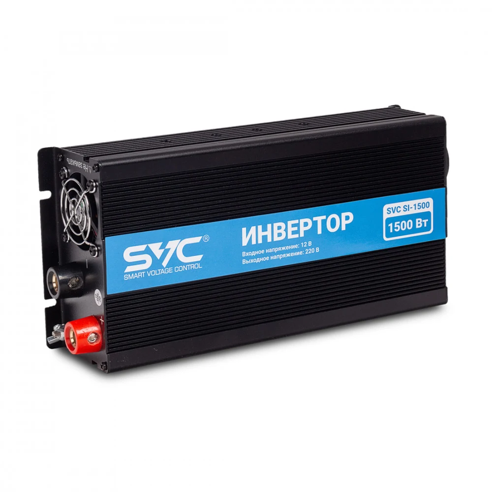 Инвертор, SVC, SI-1500, Мощность 1500ВА/1500Вт, Вход 12В/Выход 210-240В, 1 вых.: Shuko CEE7, USB-порт 2А, Экран, Защита от перегрева, перегрузки, короткого замыкания, Чёрный