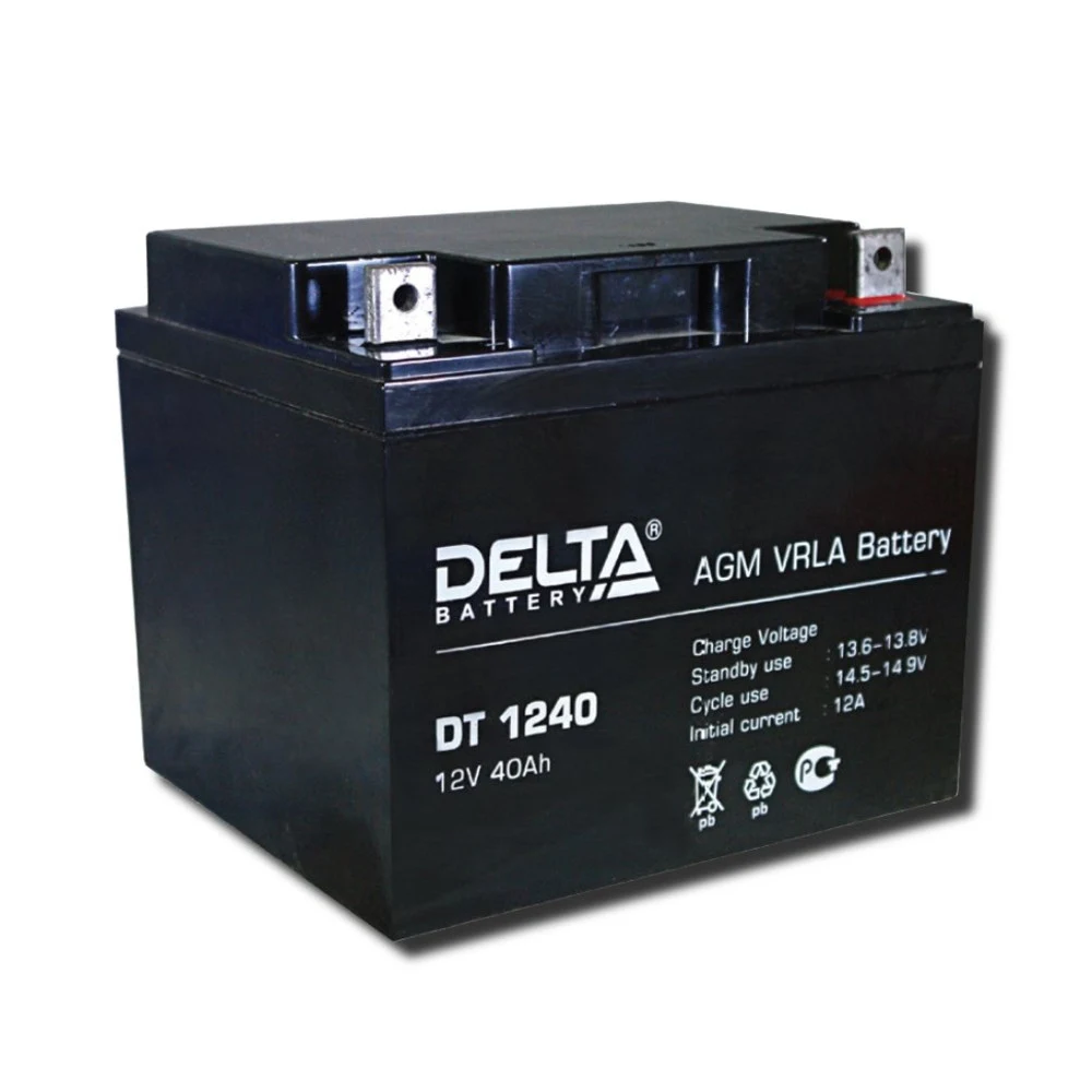 Батарея DELTA серия DT, DT 1240, напряжение 12В, емкость 40Ач (разряд 20 часов), макс. ток разряда (5 сек.) 530А, макс. ток заряда 12А, свинцово-кислотная типа AGM, клеммы под болт М6, ДxШxВ 196х166