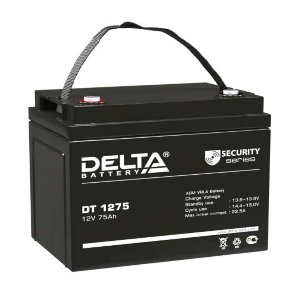 Battery DELTA series DT, DT 1275, voltage 12V, capacity 75Ah (discharge 20 hours), max. discharge current (5 sec.) 870A, max. charge current 22.5A, lead-acid AGM type, M6 bolt terminals, LxWxH 260x1
