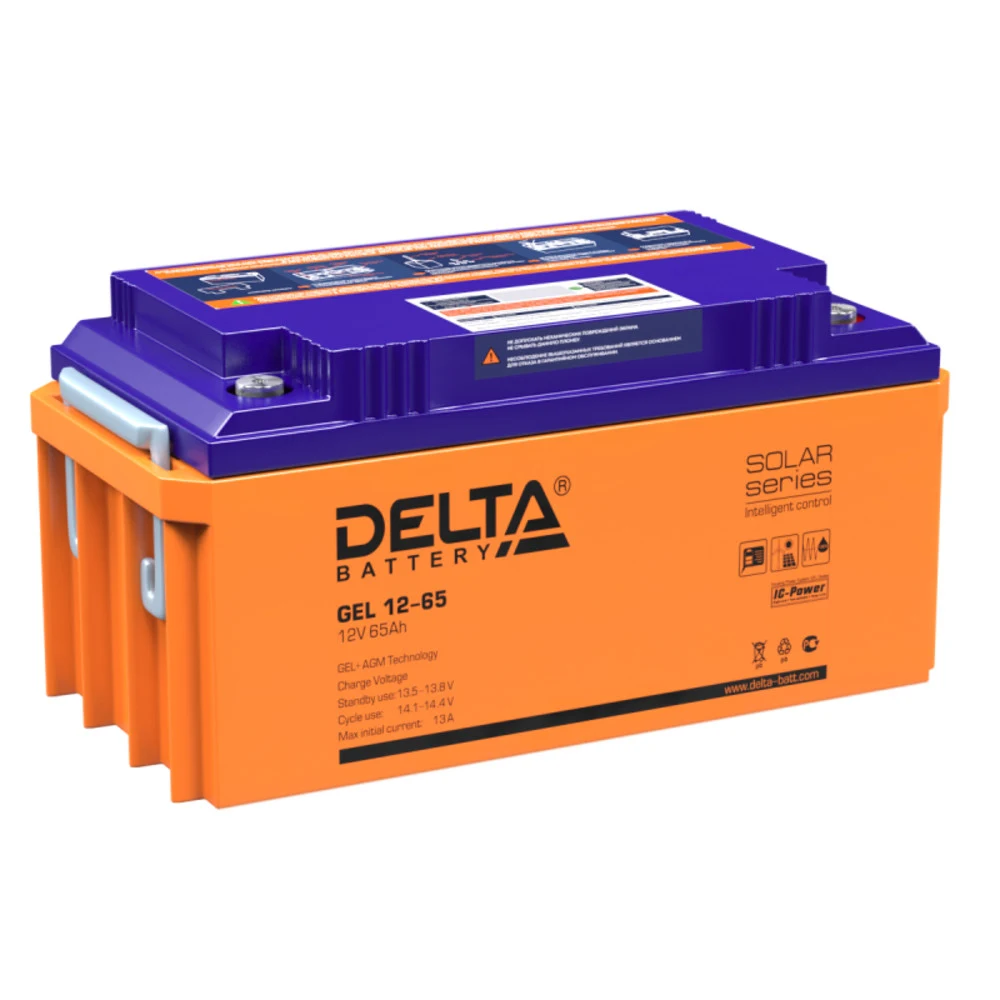 Аккумуляторная батарея Delta GEL 12-65 12В/65Ач, клемма Болт М8 (350х167х173мм (173мм) 23,5кг Срок службы 10-12лет Га