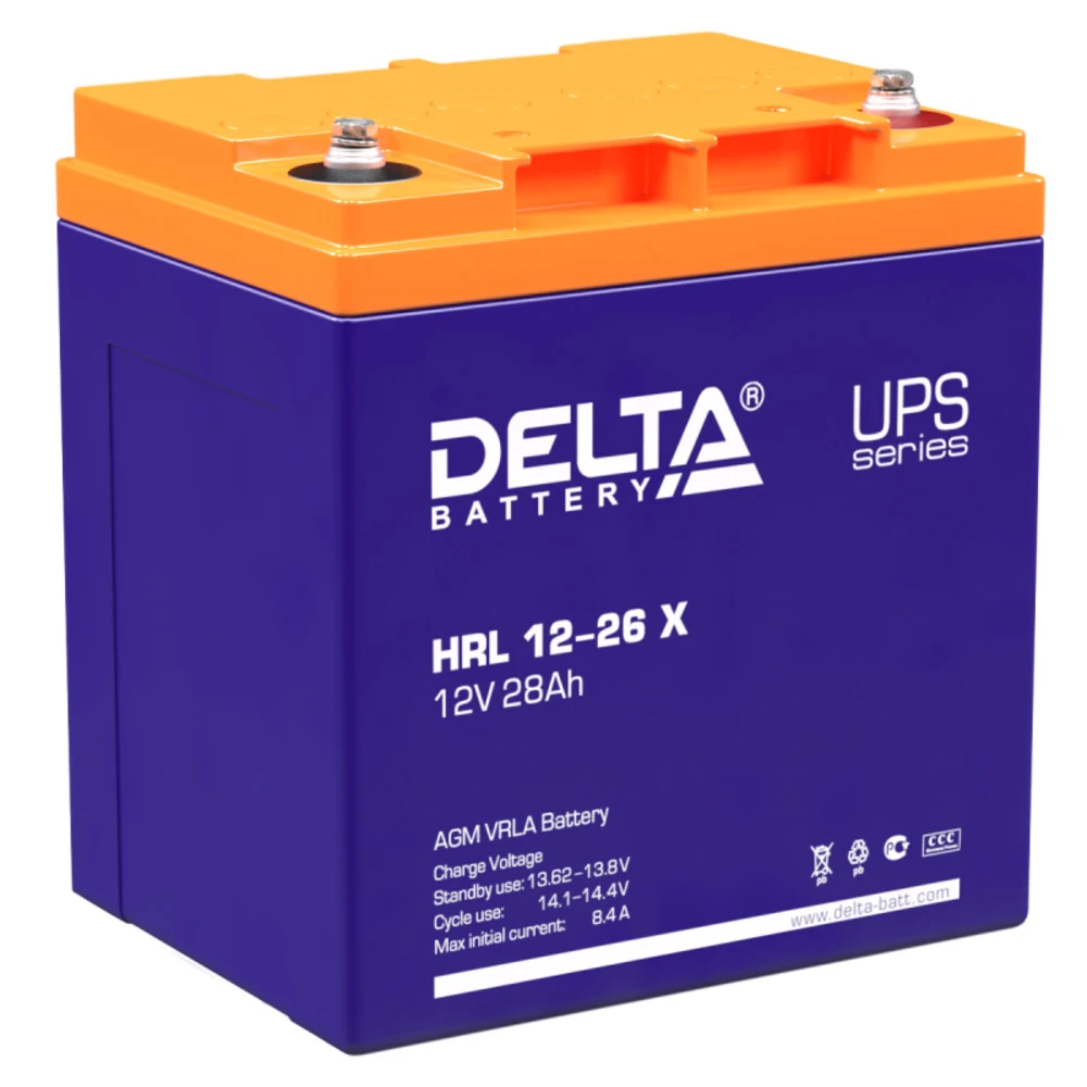 Battery DELTA series HRL-X, HRL 12-26 X, voltage 12V, capacity 28Ah (discharge 10 hours), max. discharge current (5 sec.) 310A, max. charge current 7.8A, lead-acid AGM type, M5 bolt terminals, LxWxH