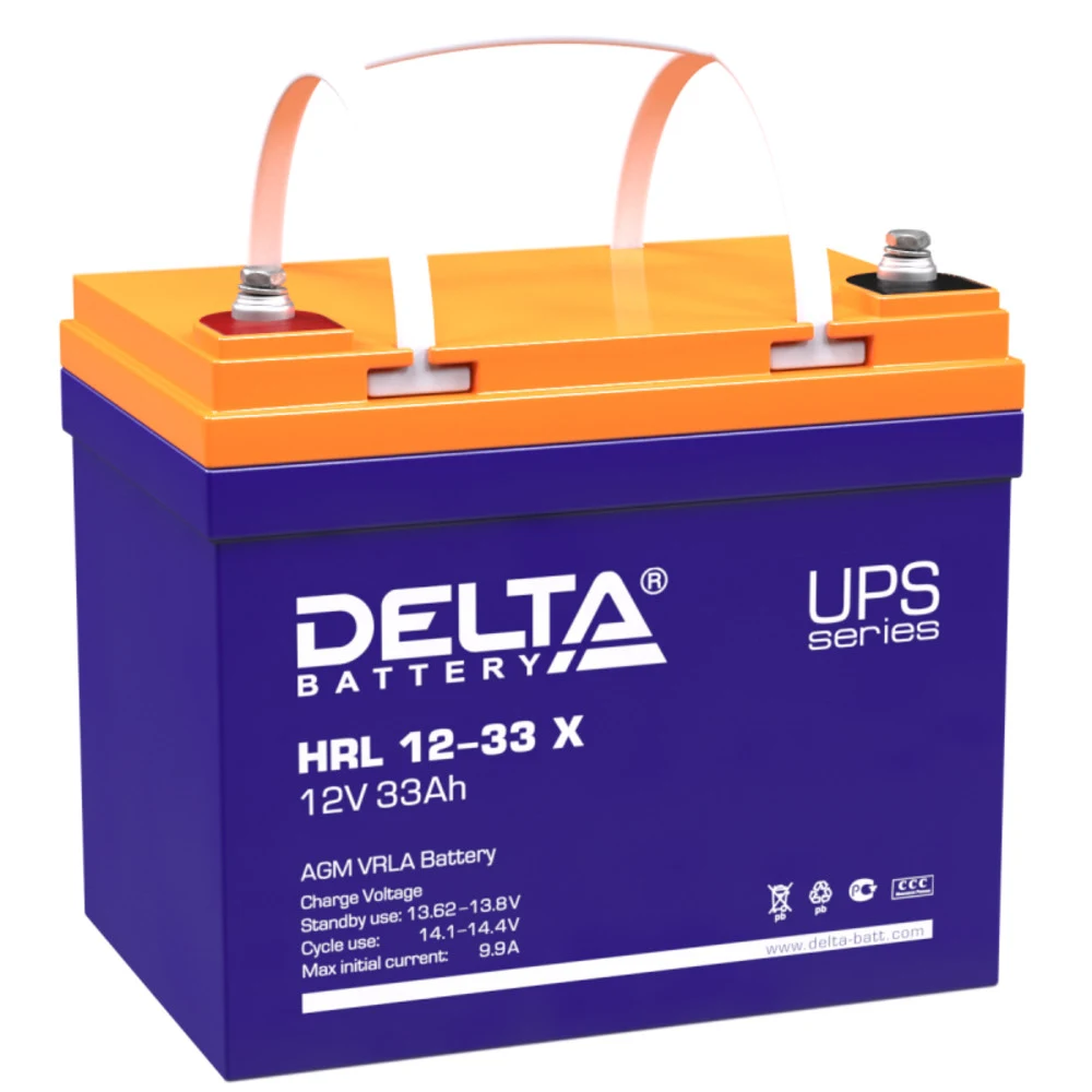 Аккумуляторная батарея Delta HRL 12-33 X 12В/33Ач, клемма Болт М6 (195х130х155мм (168мм) 11,2кг Срок службы 12лет Гар