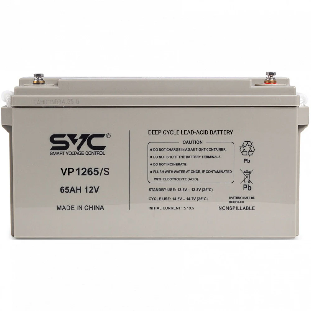 Батарея, SVC, VP1265/S, Свинцово-кислотная 12В 65 Ач, Вес нетто: 19,3 кг, Размер в мм.: 350*166*178