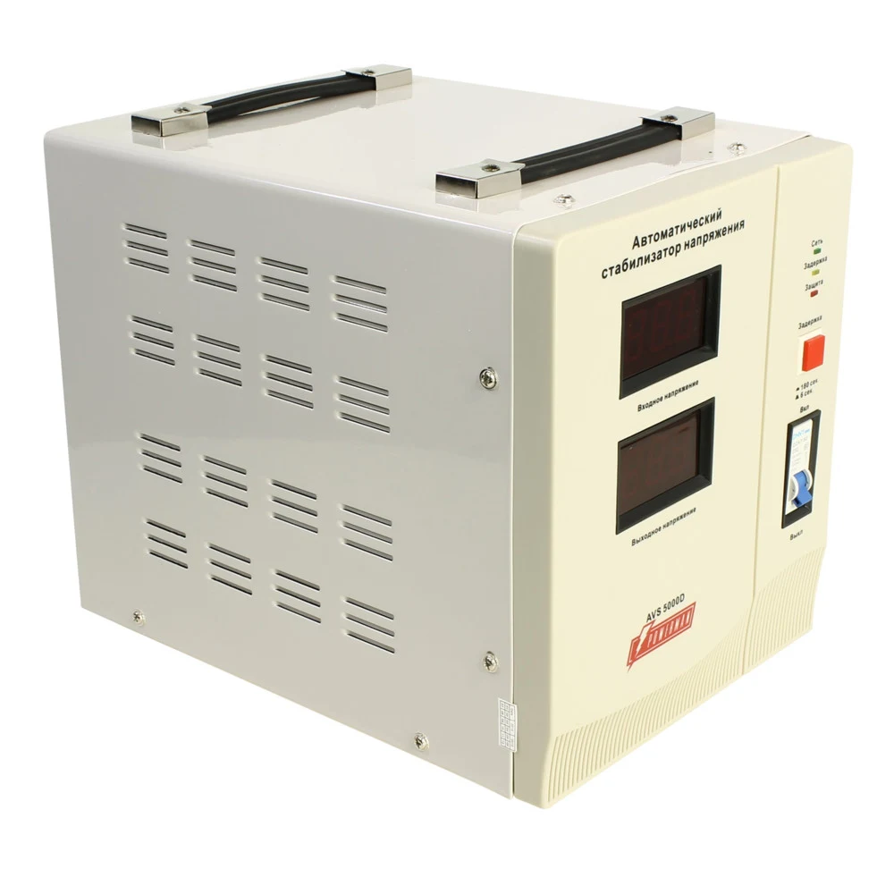 Стабилизатор POWERMAN AVS 5000D, ступенчатый регулятор, цифровые индикаторы уровней напряжения, 5000ВА, 140-260В, максимальный входной ток 24А, клеммная колодка, IP-20, напольный, 280мм х 200мм х 22