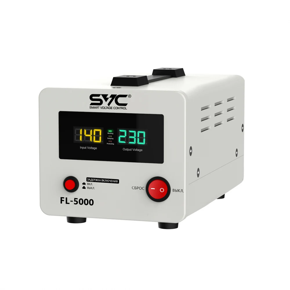 Стабилизатор (AVR), SVC, FL-5000, 5000ВА/5000Вт, Диапазон работы AVR: 140-260В, Выходное напряжение: 220В +/-7%, Задержка включения, Клеммная колодка, LCD-дисплей, Защита: от перегрузки, короткого з