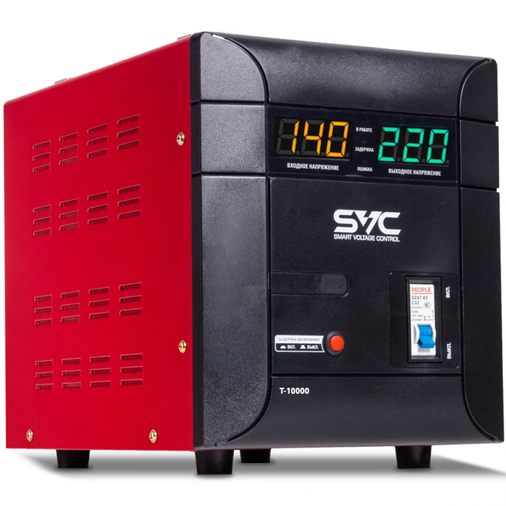 Стабилизатор (AVR), SVC, T-10000, 10000ВА/6000Вт, Диапазон работы AVR: 140-260В, Выходное напряжение: 220В +/-8%, Задержка включения, Клеммная колодка, LCD-дисплей, Защита: от перегрузки, короткого