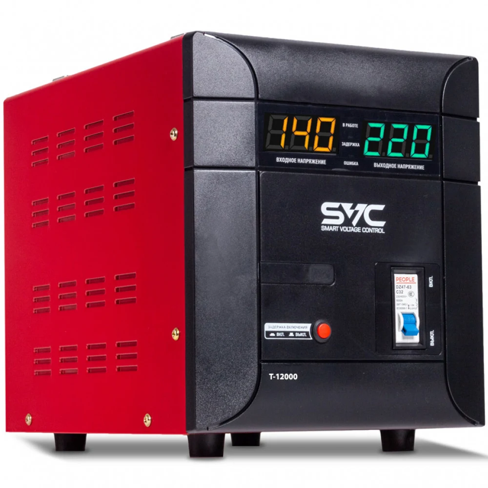 Стабилизатор (AVR), SVC, T-12000, 12000ВА/7500Вт, Диапазон работы AVR: 140-260В, Выходное напряжение: 220В +/-8%, Задержка включения, Клеммная колодка, LCD-дисплей, Защита: от перегрузки, короткого