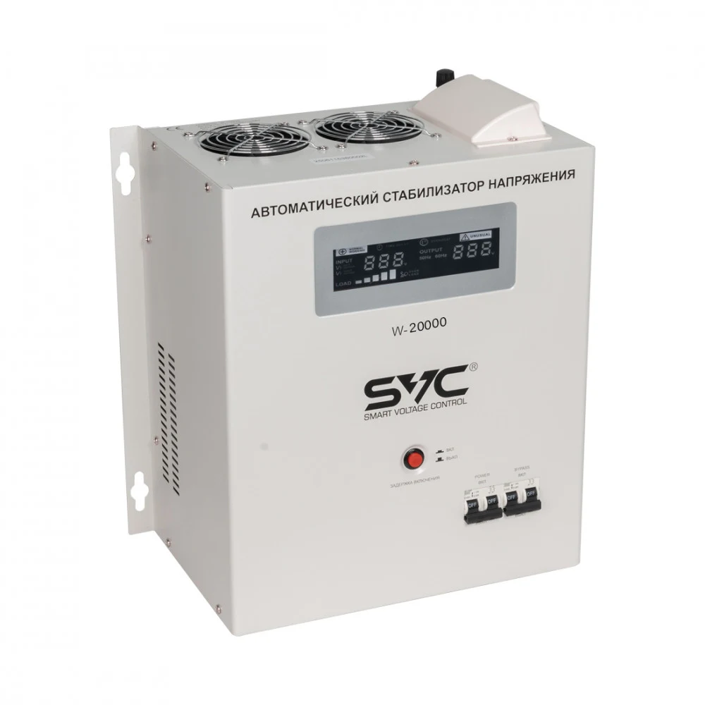 Стабилизатор (AVR), SVC, W-20000, 20000ВА/20000Вт, Диапазон работы AVR: 140-260В, Выходное напряжение: 220В +/-8-10%, Задержка включения, Клеммная колодка, LCD-дисплей, Защита: от перегрузки, коротк