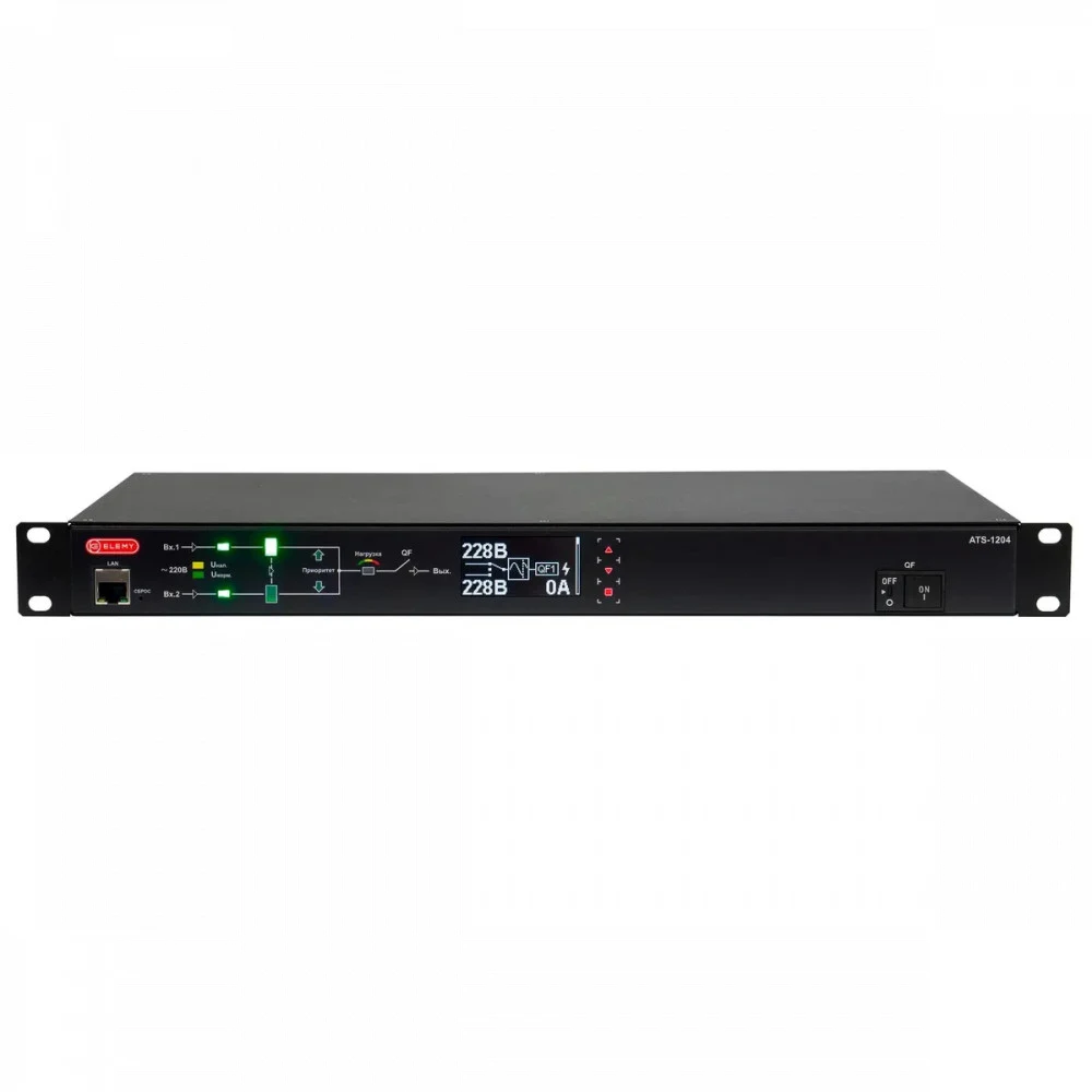 Автомат ввода резерва ELEMY ATS, 1U, 220B, 16A, Индикация: OLED-дисплей, Мониторинг: WEB, SNMP, Modbus-TCP, Вход (2) C20, Выход (1) C19 (9) C13 (аналог: AP4423, AP4423A)