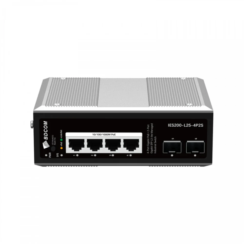 Коммутатор, BDCOM, IES200-L25-4P2S, Управляемый L3-lite, 4 порта 10/100/1000 RJ45, PoE 802.3af/at, бюджет POE 120В (зависит от БП), 2 порта SFP, DC 48-55В Dual RPS, вход DC12V (Jack) non-PoE power i