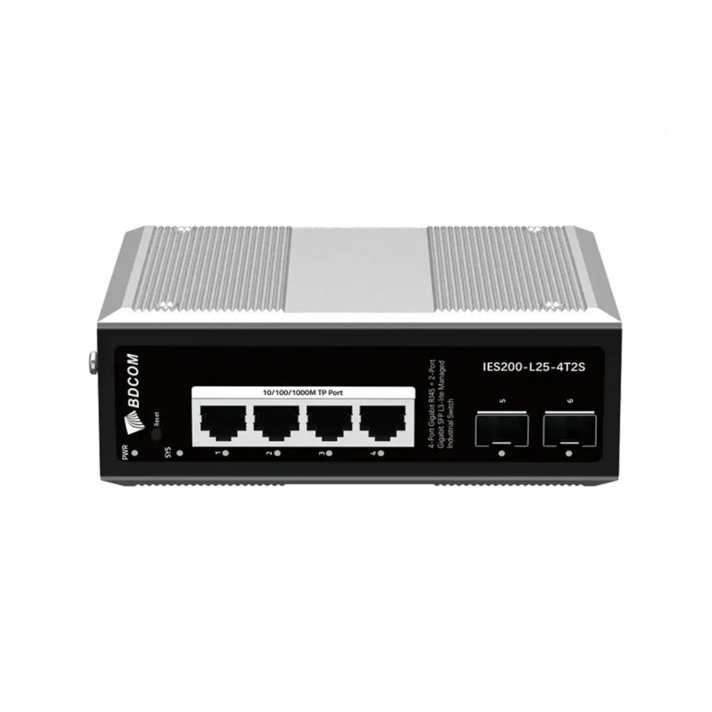 Коммутатор, BDCOM, IES200-L25-4T2S, Управляемый L3-lite, 4 порта 10/100/1000 RJ45, 2 порта SFP, DC 12-55В Dual RPS, вход DC12V, -40+75°C, DIN-rail