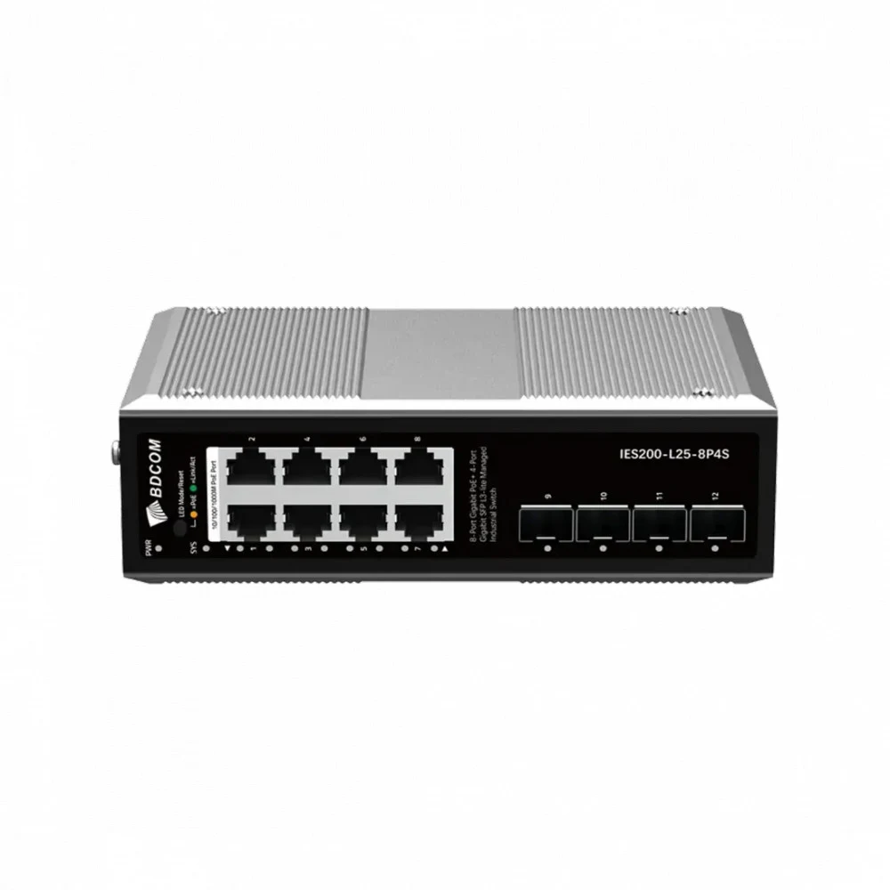 Коммутатор, BDCOM, IES200-L25-8P4S, Управляемый L3-lite, 8 портов 10/100/1000 RJ45, PoE 802.3af/at, бюджет POE 240В (зависит от БП), 4 порта SFP, DC 48-55ВDual RPS, вход DC12V (Jack) non-PoE power i