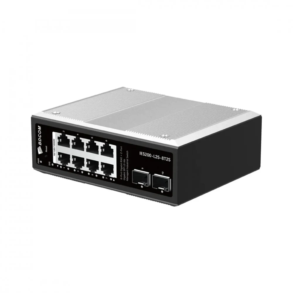 Коммутатор, BDCOM, IES200-L25-8T2S, Управляемый L3-lite, 8 портов 10/100/1000 RJ45, 2 порта SFP, DC 12-55В Dual RPS, вход DC12V, -40+75°C, DIN-rail