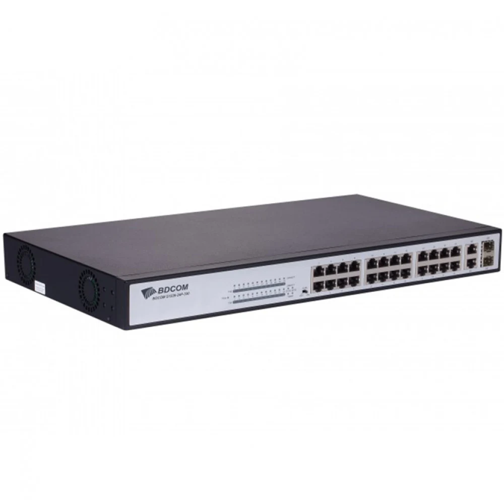 Коммутатор, BDCOM, S1226-24P, Неуправляемый, 24 порта PoE 10/100M RJ45, 2 комбо порта 1000M RJ45/SFP, Бюджет PoE 370W, supports standard/VLAN/CCTVmode, Стоечный 1U