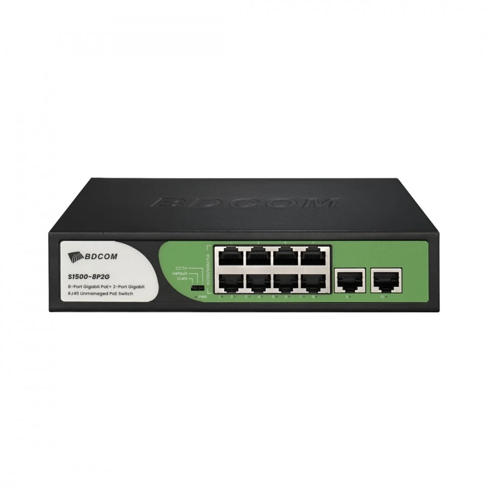 Коммутатор, BDCOM, S1500-8P2G, Неуправляемый, 8 портов PoE+ 10/100/1000M 802.3af/at, 2 порта 10/100/1000M, общ РоЕ (110 Вт), Настольный
