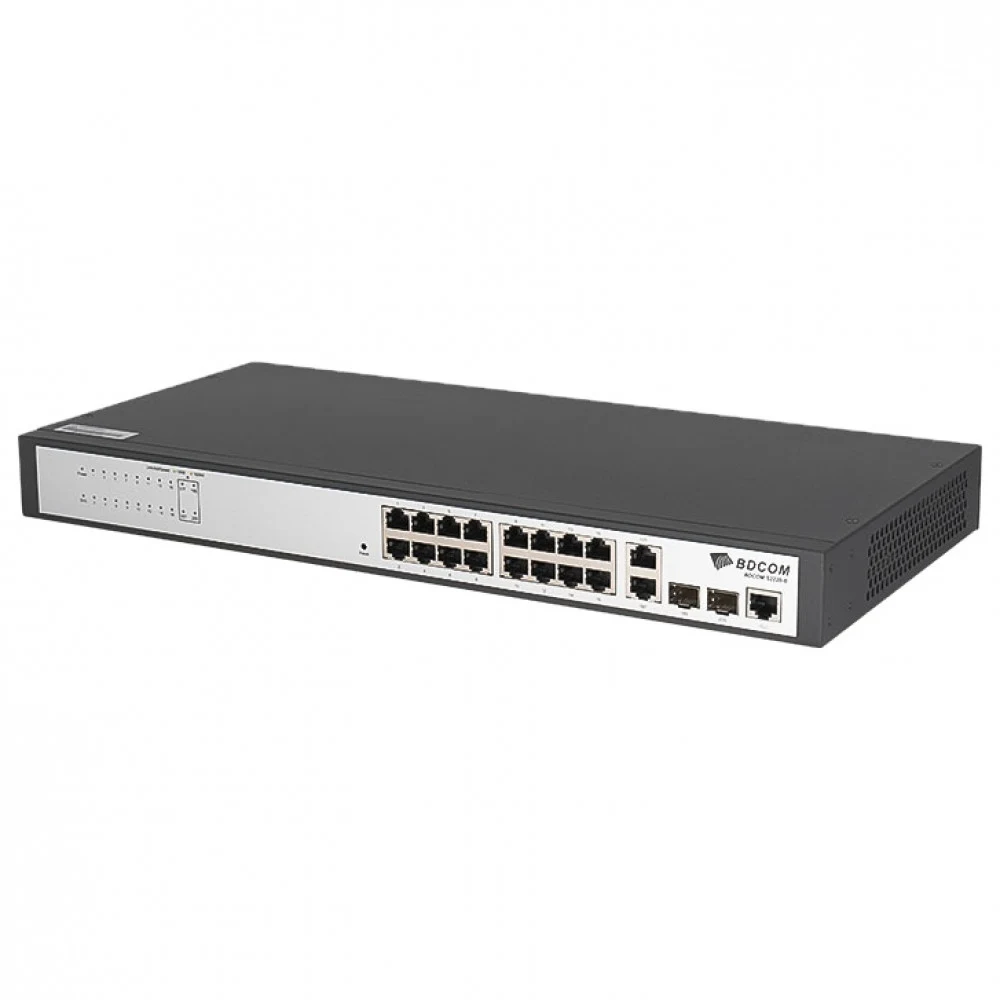 Коммутатор, BDCOM, S2220-B, Управляемый L2, 16 портов 10/100M RJ45, 2 порта 10/100/1000M RJ45, 2 порта 100/1000M SFP, Без вентилятора, Стоечный