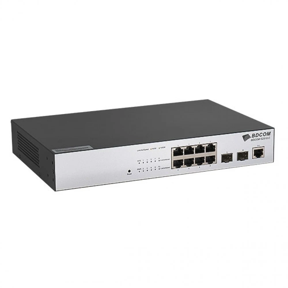 S2510-C Коммутатор Ethernet switch with 10 GE ports (1 console port, 8 GE TX ports, 2 GE SFP ports standard AC220V power supply fanless, 1U, desktop or rack-mounted installation)