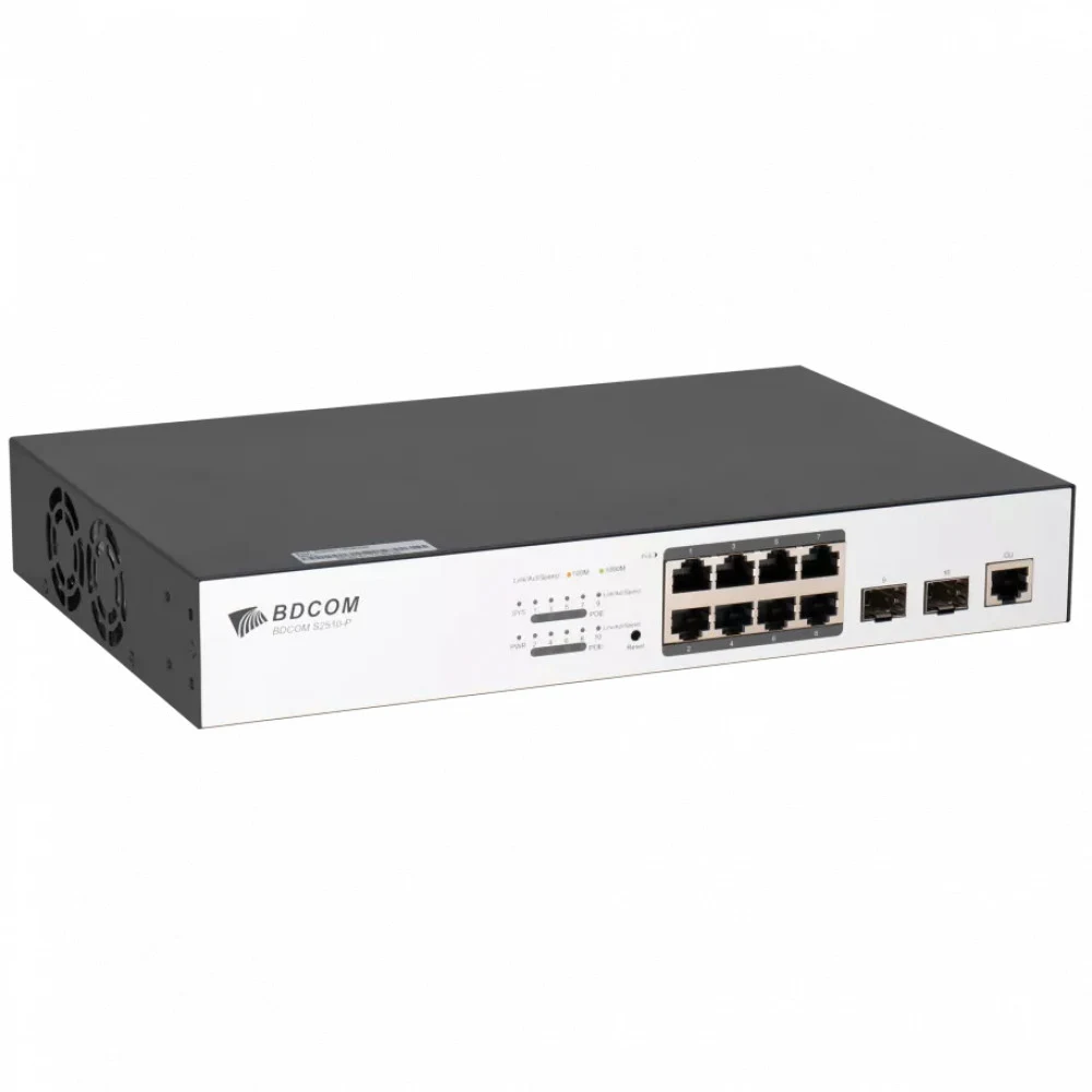S2510-P Коммутатор Ethernet POE switch with 10 GE ports (1 console port, 8 GE POE TX ports, 2 100/1000M SFP ports, standard AC220V power supply, 150W POE power consumption, the cooling fan, 1U, desk