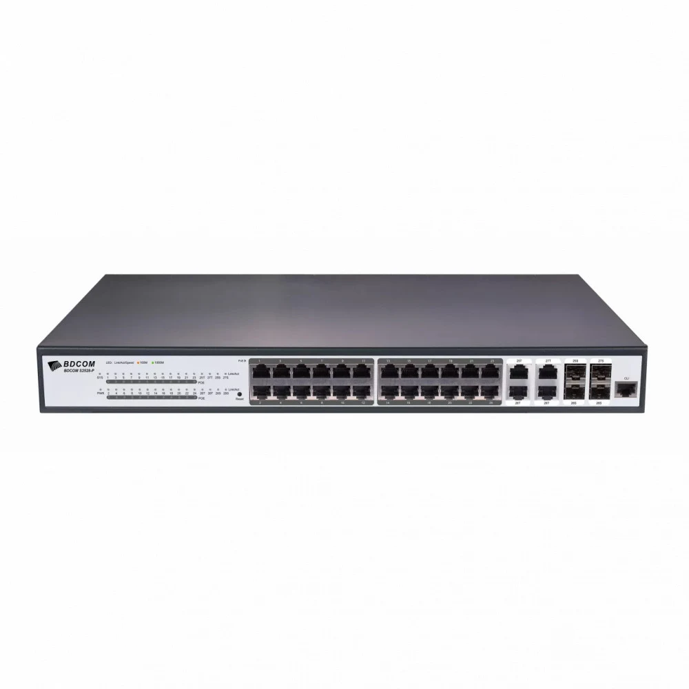 S2528-P Коммутатор Ethernet POE switch with 28 GE ports (1 console port, 24 GE POE TX ports, 4 GE TX/SFP combo ports , standard AC220V power supply, 370W POE power consumption, the cooling fan, 1U,