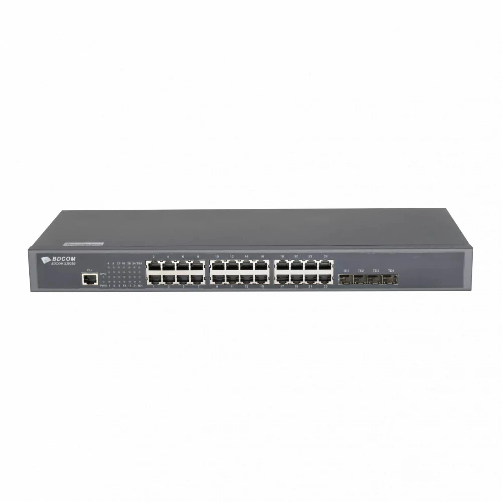 S2900-24T4X Коммутатор Ethernet switch with 24 GE ports and 4 10GE ports (1 Console port, 24 GE TX ports, 4 10G SFP+ ports, an AC220V power supply, fanless, 1U, 19-inch rack-mounted installation)