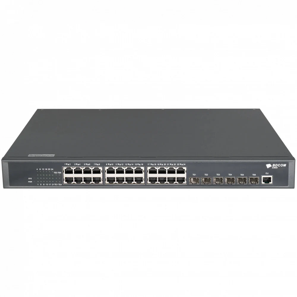 S3900-24T6X Коммутатор 24 GE TX ports, 6 10GE/GE SFP+ ports 2 power slots with 1 hot-swap AC220V power supply the cooling fan, 1U, standard 19-inch rack-mounted installation, 1 RJ45 console port