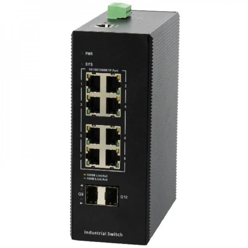 Индустриальный коммутатор, BDCOM, IES200-V25-2S8P, Управляемый L2, 8x 10/100/1000M портов, PoE (802.3af/at) 240W, 2x 1000M SFP слота, DC 48~55V резервный двойной вход питания, -40~75°C, DIN-rail, бе