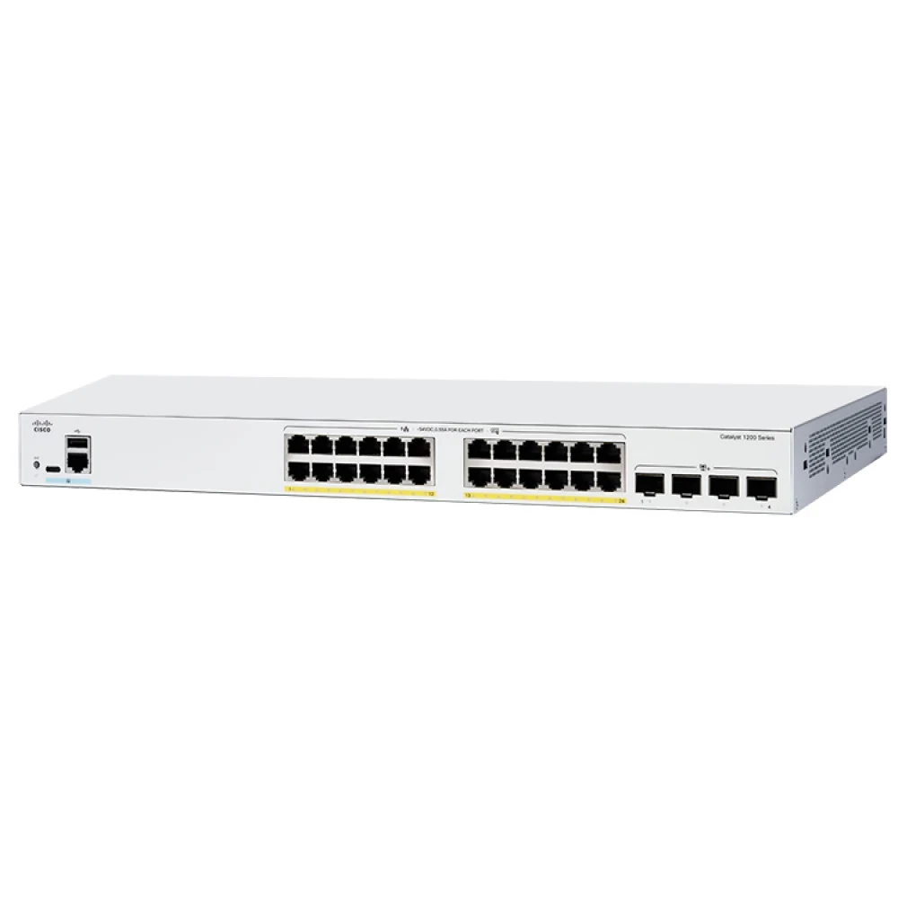 Коммутатор CISCO Catalyst 1200 24x10/100/1000 RJ-45 PoE+, 4x1G SFP+ uplinks, PoE+ 195W, Rack Mounting kit, Fanless, C1200-24P-4G