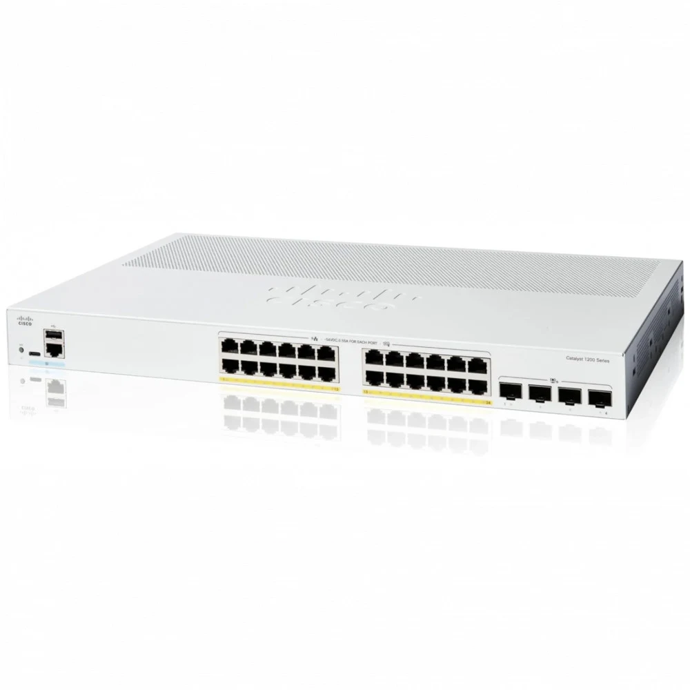 Коммутатор CISCO Catalyst 1200 24x10/100/1000 RJ-45 PoE+, 4x10G SFP+ uplinks, PoE+ 195W, Rack Mounting kit, Fanless, C1200-24P-4X