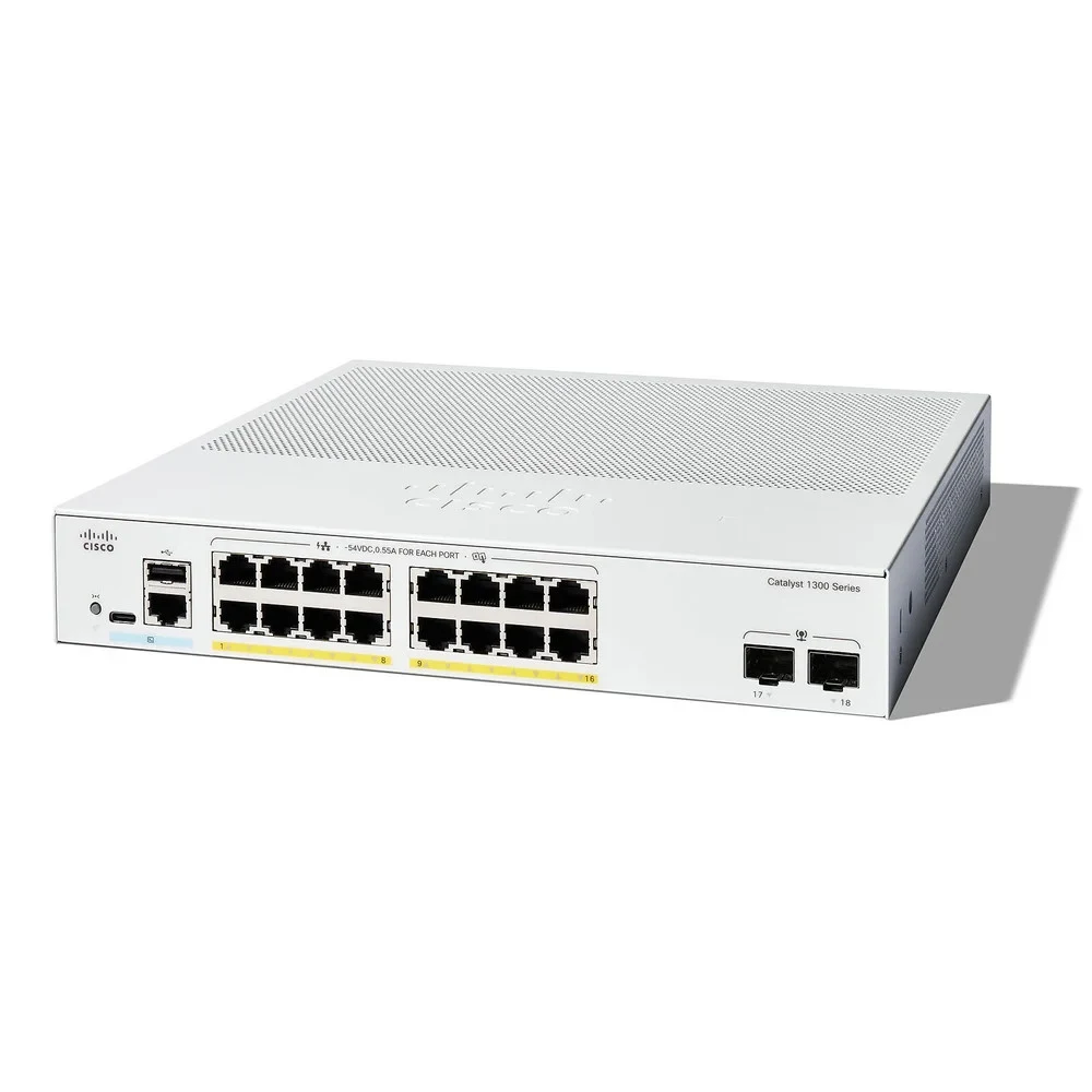 Коммутатор CISCO Catalyst 1300 16x 10/100/1000 RJ-45 PoE+, 2x 1Gb SFP uplinks, PoE+ 120W, Fanless, C1300-16P-2G-L