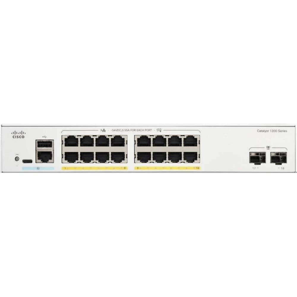 Коммутатор CISCO Catalyst 1300 16x 10/100/1000 Ethernet RJ-45 ports, 2x1G SFP uplink, Fanless, C1300-16T-2G