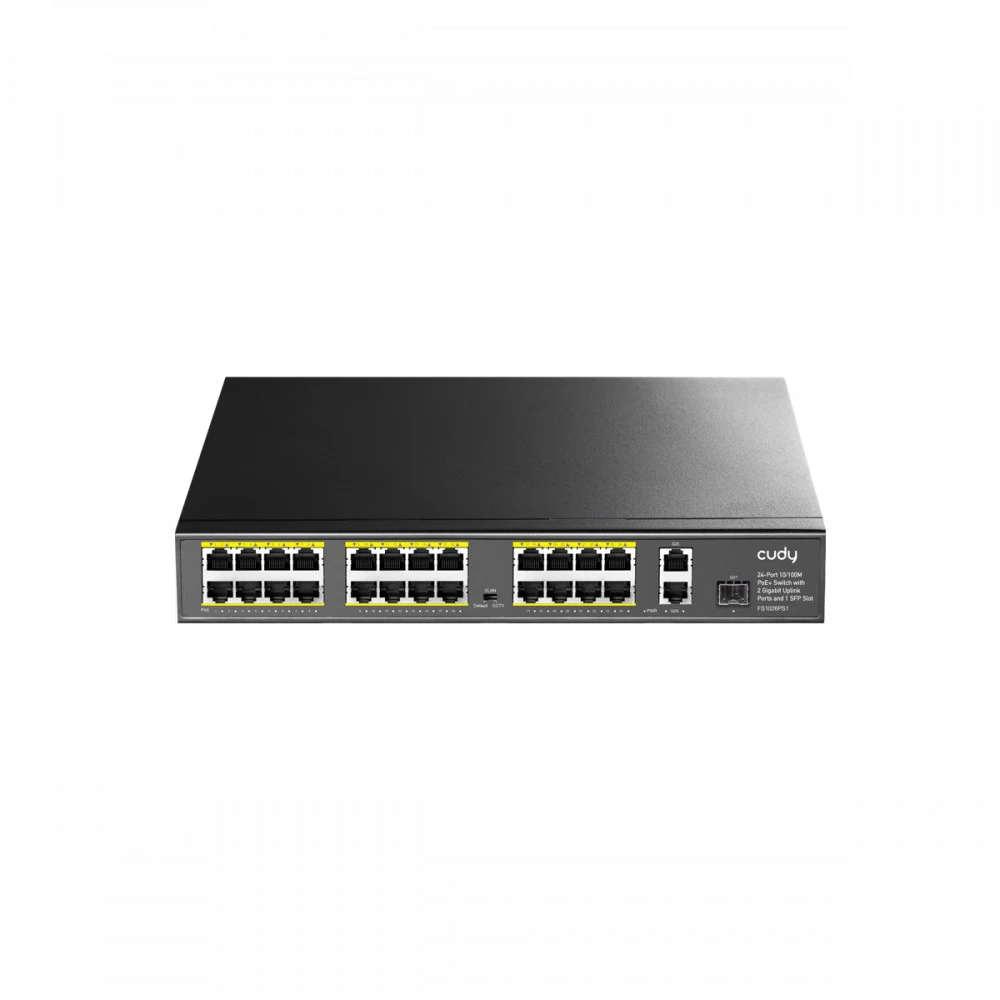 Коммутатор CUDY 24-Port 10/100M PoE+ Switch with 2 Gigabit Port+ 1SFP 300W 24-Port 10/100M PSE RJ-45 +2 Gigabit RJ- 45 +1SFP Port with 24 POE Ports Switch with Built-in power supply, support 16-port