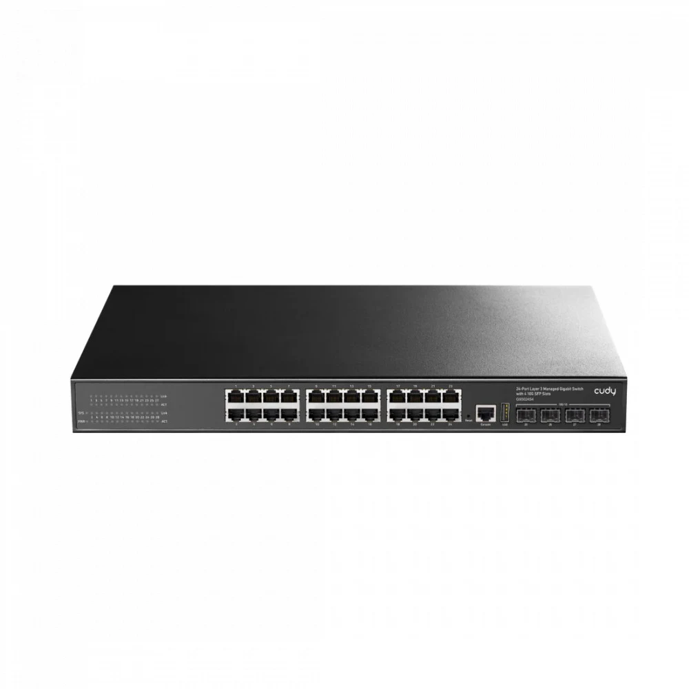Коммутатор CUDY GS5024S4 24-Port Layer 3 Managed Gigabit Switch with 4 10G SFP Slots 24-Port Layer 3 Managed Gigabit Switch,24 Gigabit Ethernet ports + 4 10 Gigabit uplink SFP optical ports + 1 USB