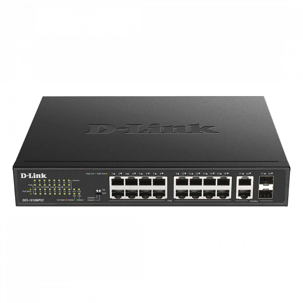 Коммутатор D-Link DES-1018MPV2/A 16x100Мбит/с 2x1Гбит/с 2xКомбо(1000BASE-T/SFP) 16PoE+ 247W неуправляемый