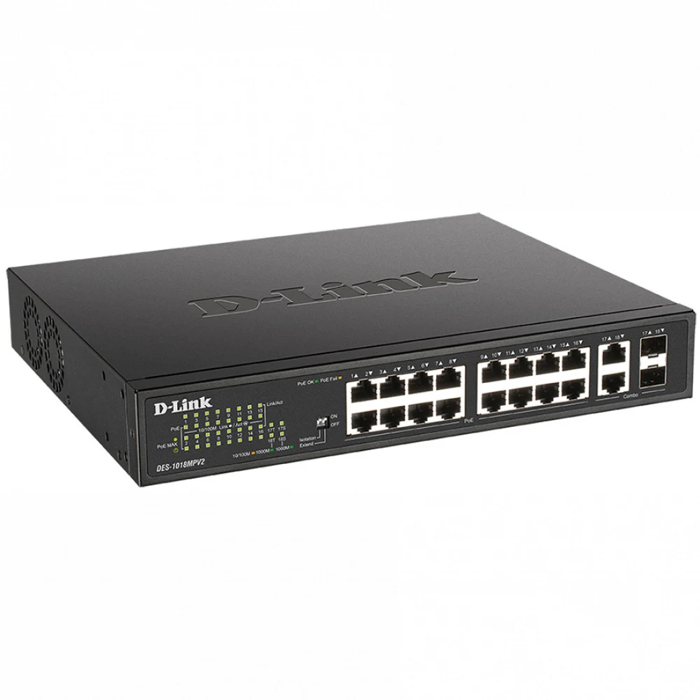 D-Link DES-1018MPV2/A1A, L2 Unmanaged Switch with 16 10/100Base-TX ports and 2 100/1000Base-T/SFP combo-ports (16 PoE ports 802.3af/at (30 W), PoE Budget 247 W).16K Mac address, Auto-sensing, 802.3x
