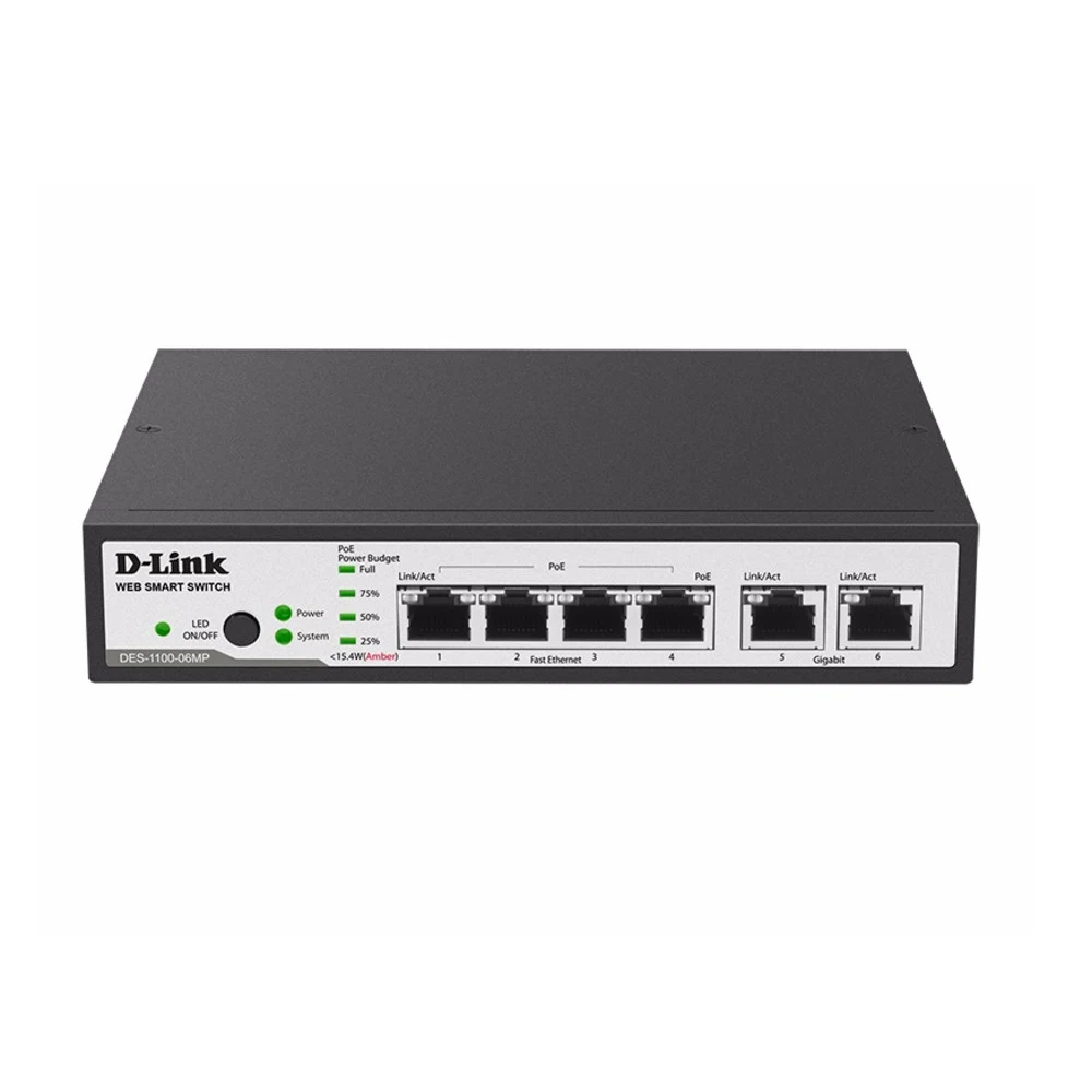 D-Link DES-1100-06MP/A1A Настраиваемый коммутатор 2 уровня с 4 портами 10/100Base-TX и 2 портами 10/100/1000Base-T (4 порта с поддержкой PoE 802.3af/802.3at (30 Вт), PoE-бюджет 80 Вт) Характеристики