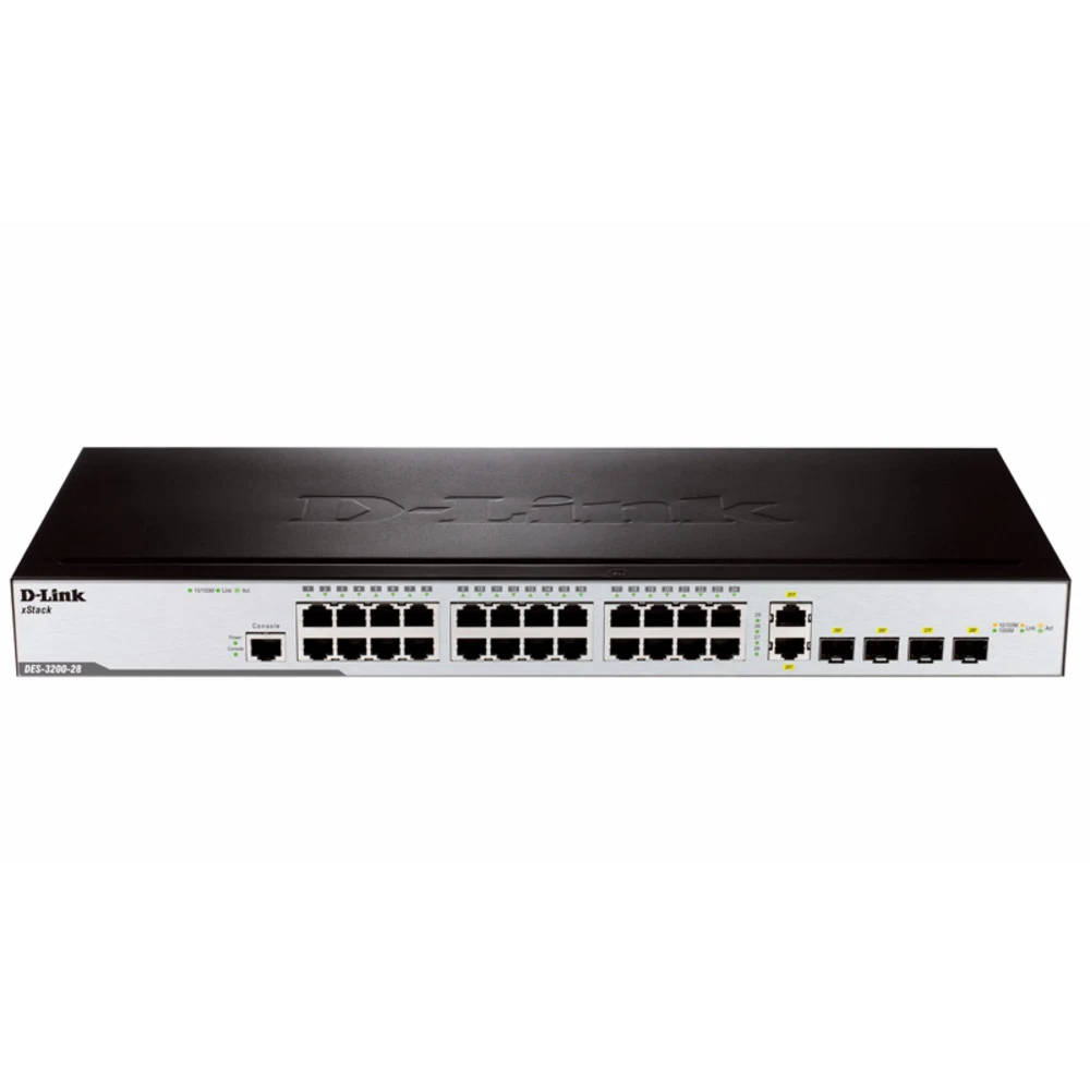 L2 Managed Switch with 24 10/100Base-TX ports and 2 100/1000Base-X SFP ports and 2 100/1000Base-T/SFP combo-ports.16K Mac address, 802.3x Flow Control, 4K of 802.1Q VLAN, 802.1p Priority Queues, Tra