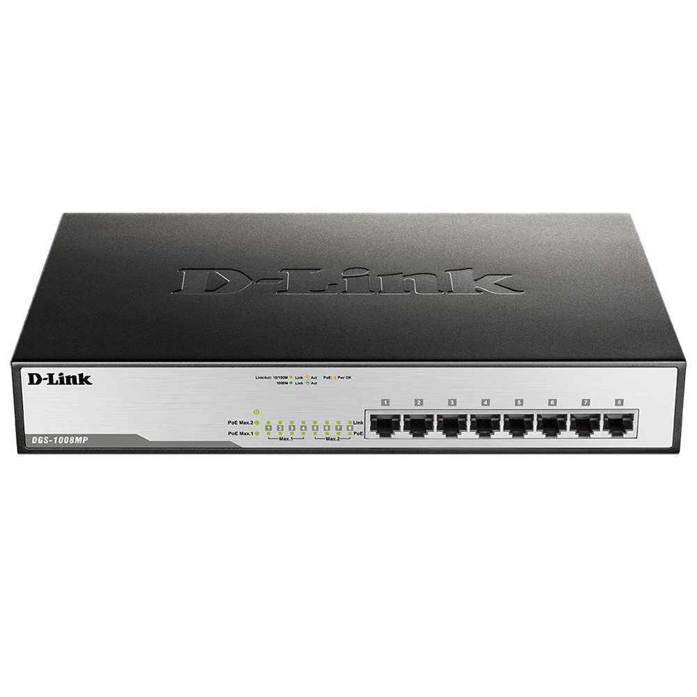 D-Link DGS-1008MP/B1A Неуправляемый коммутатор с 8 портами 10/100/1000Base-T с поддержкой PoE 802.3af/at (PoE 125 Вт)