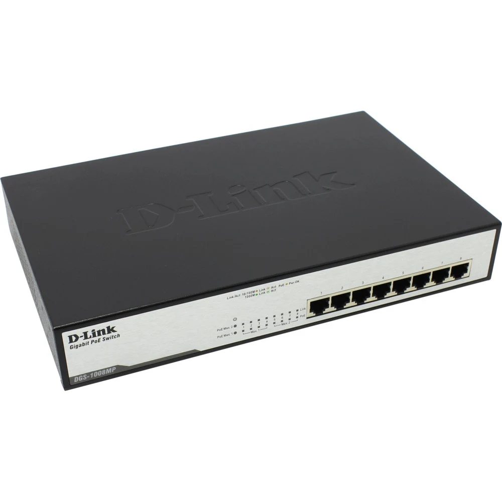 Unmanaged Switch with 8 10/100/1000Base-T ports (8 PoE ports 802.3af/802.3at (30 W), PoE Budget 140).8K Mac address, Auto-sensing, 802.3x Flow Control, Auto MDI/MDI-X for each port, D-link Green tec