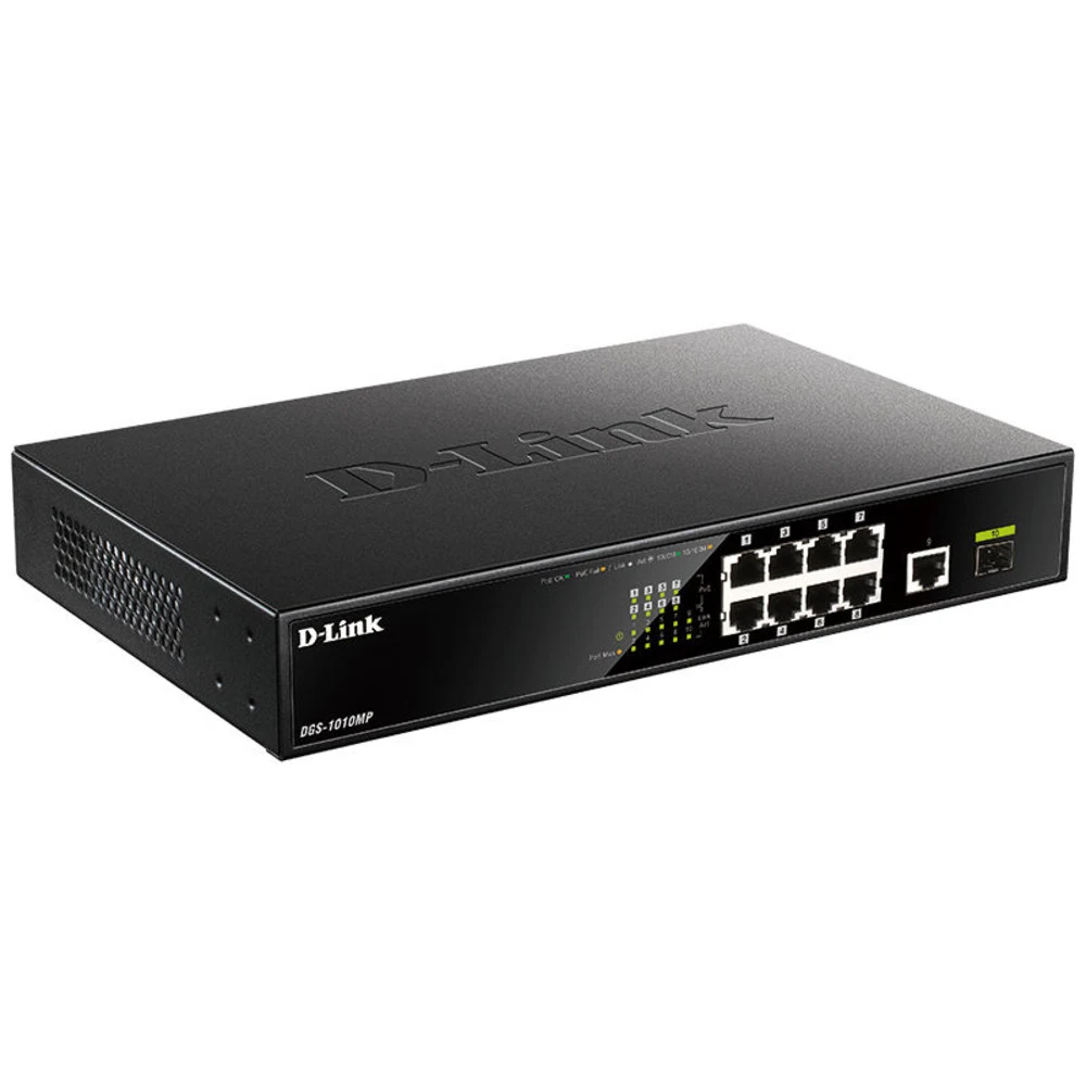 Коммутатор D-Link DGS-1010MP/A1A Неуправляемый коммутатор с 9 портами 10/100/1000Base-T, 1 портом 1000Base-X SFP, функцией энергосбережения и поддержкой QoS (8 портов с поддержкой PoE 802.3af/802.3a