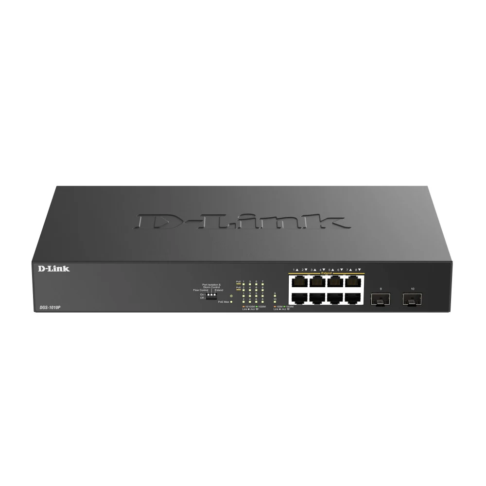 Коммутатор D-Link Конфигурируемый PoE-коммутатор, 8х1000Base-T PoE, 2x1000Base-X SFP, PoE-бюджет 125 Вт, дальность PoE до 250 м, DIP-переключатель, корпус металл