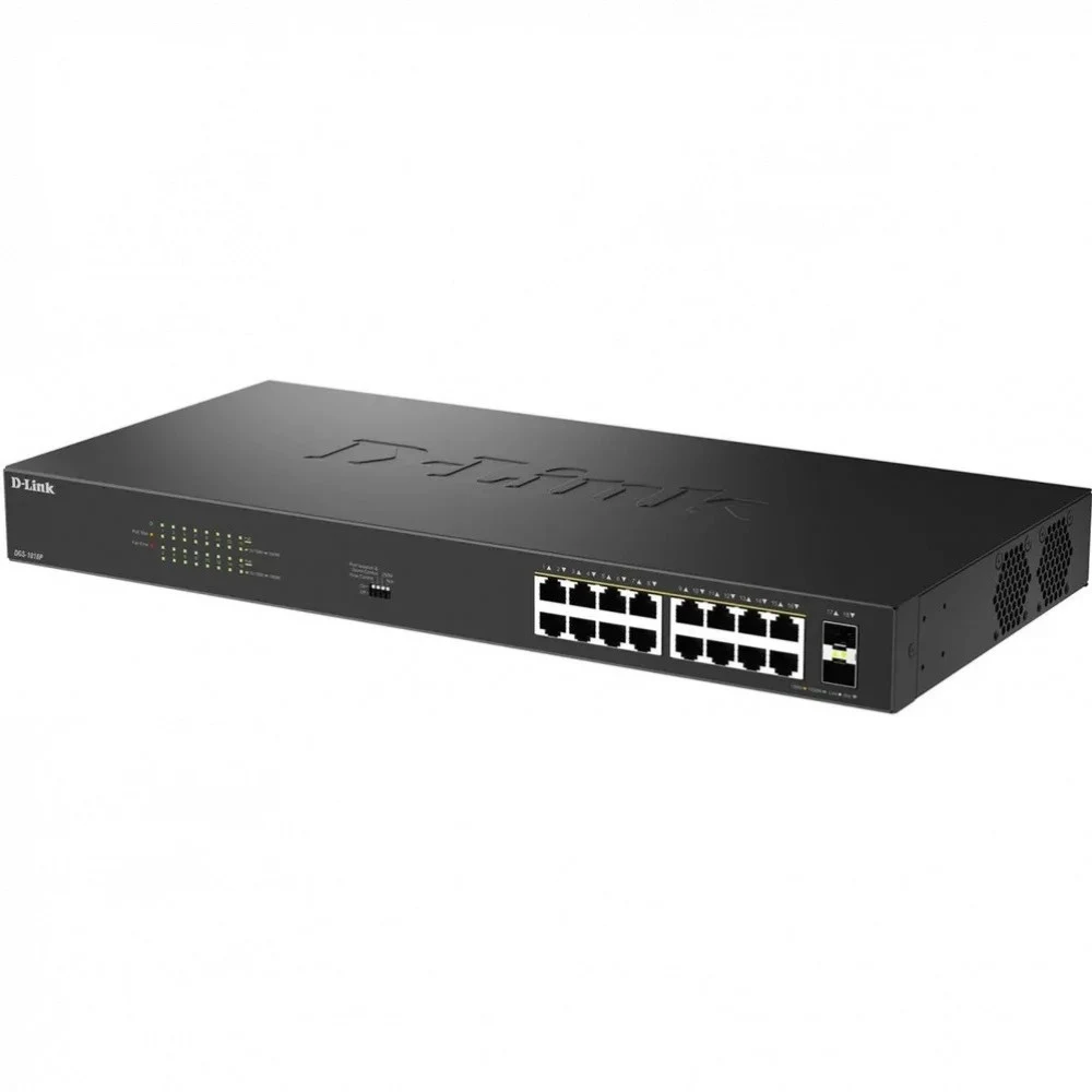 Коммутатор D-Link DGS-1018P/B1A Конфигурируемый PoE-коммутатор, 16х1000Base-T PoE, 2x1000Base-X SFP, PoE-бюджет 240 Вт, дальность PoE до 250 м, DIP-переключатель, корпус металл