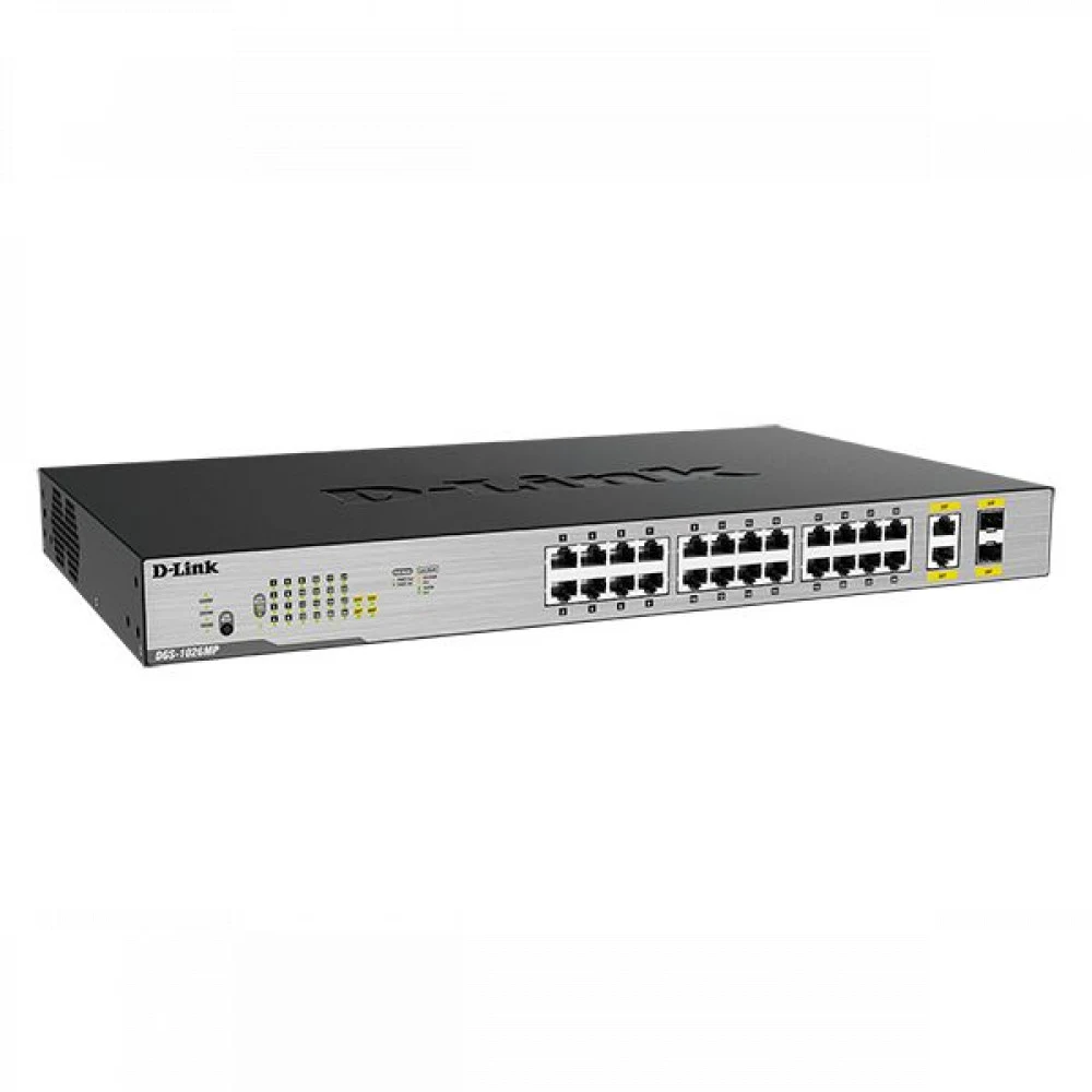 D-Link DGS-1026MP/B1A, L2 Unmanaged Switch with 24 10/100/1000Base-T ports and 2 100/1000Base-T SFP combo-ports (24 PoE ports 802.3af/802.3at (30 W), PoE Budget 370).8K Mac address, Auto-sensing, 80