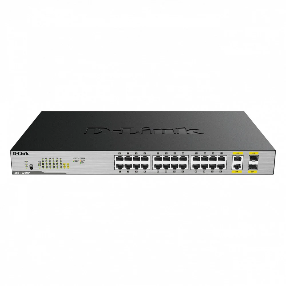 Коммутатор D-Link DGS-1026MP/B2A Неуправляемый коммутатор с 24 портами 10/100/1000Base-T, 2 комбо-портами 100/1000Base-T/SFP (24 порта PoE 802.3af/at, PoE-бюджет 370 Вт)