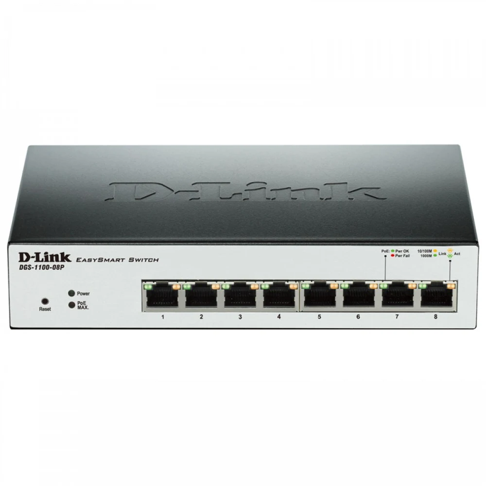 D-Link DGS-1100-08PLV2/A1A, L2 Smart Switch with 8 10/100/1000Base-T ports (8 PoE ports 802.3af/802.3at (30 W), PoE Budget 64 W).8K Mac address, 802.3x Flow Control, Port Trunking, Port Mirroring, I