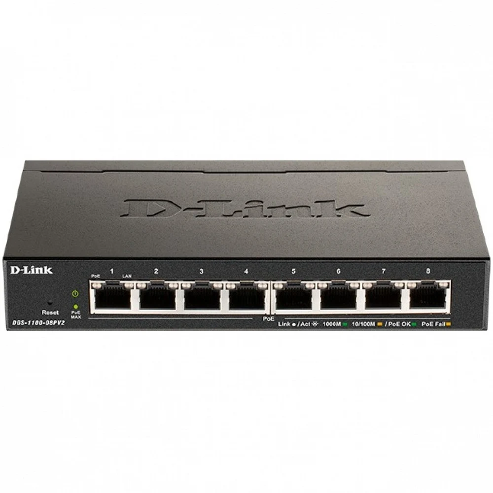 D-Link DGS-1100-08PV2/A3A Настраиваемый L2 коммутатор с 8 портами 10/100/1000Base-T (8 портов PoE 802.3af/at, PoE-бюджет 64 Вт)