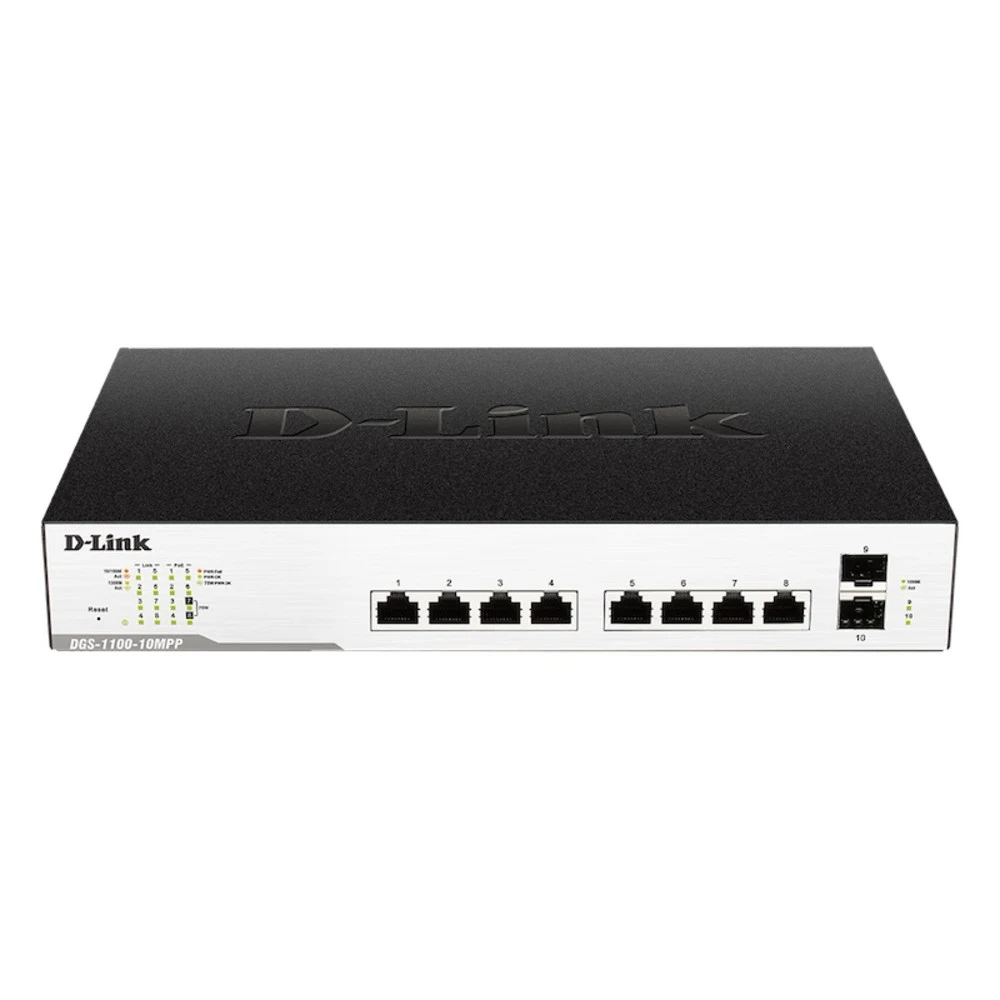D-Link DGS-1100-10MPP/B1A/C1A Настраиваемый коммутатор EasySmart с 8 портами 10/100/1000Base-T и 2 портами 1000Base-X SFP (порты 1 – 8 с поддержкой PoE 802.3af/802.3at (30 Вт)