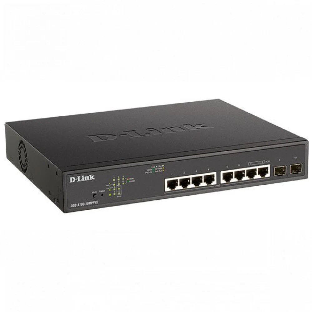 Коммутатор, D-Link, DGS-1100-10MPPV2/A3A, Настраиваемый L2 коммутатор с 8 портами 10/100/1000Base-T и 2 портами 1000Base-X SFP (порты 1–8 PoE 802.3af/at, порты 7–8 PoE 802.3bt, PoE-бюджет 242 Вт), с