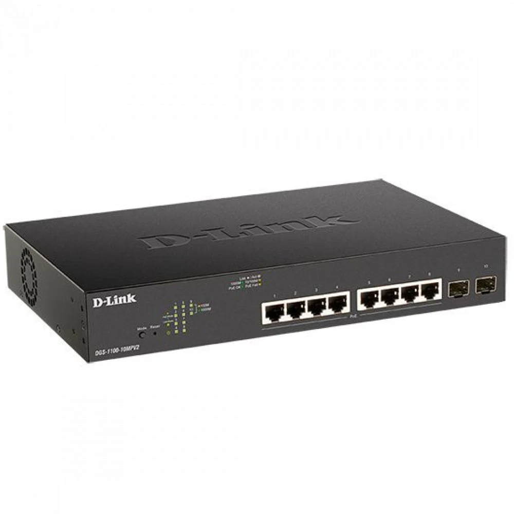 Коммутатор D-Link DGS-1100-10MPV2/A3A Настраиваемый L2 коммутатор с 8 портами 10/100/1000Base-T и 2 портами 1000Base-X SFP (8 портов PoE 802.3af/at, PoE-бюджет 130 Вт)