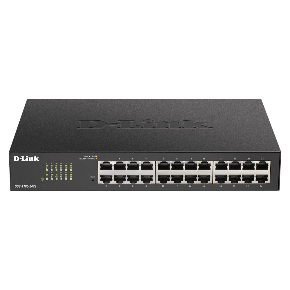 D-Link DGS-1100-24V2/A2A, L2 Smart Switch with 24 10/100/1000Base-T ports.8K Mac address, 802.3x Flow Control, 802.3ad Link Aggregation, Port Mirroring, 128 of 802.1Q VLAN, VID range 1-4094, Loopbac