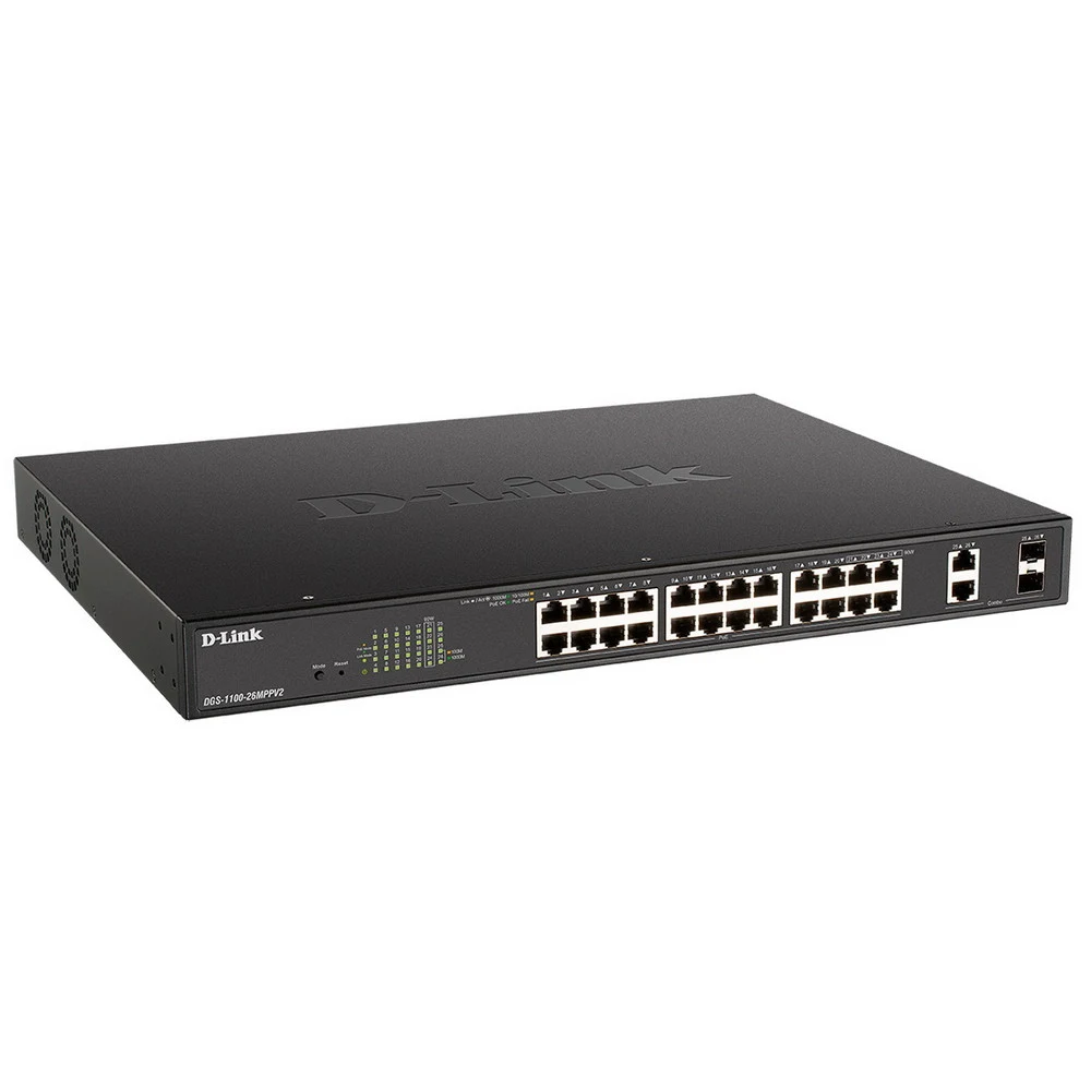 Коммутатор, D-Link, DGS-1100-26MPPV2/A3A, Настраиваемый L2 коммутатор с 24 портами 10/100/1000Base-T и 2 комбо-портами 1000Base-T/SFP (порты 1-24 PoE 802.3af/at, порты 21-24 PoE 802.3bt, PoE-бюджет